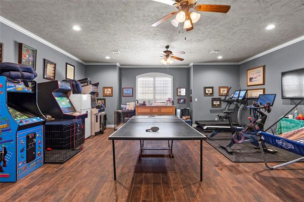 Fitness Equipment, Game Room, Interior, Recessed Lighting, Wood Texture Flooring