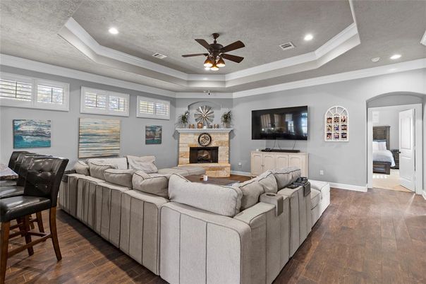 Fireplace, Interior, Living room, Recessed Lighting, Wood Texture Flooring