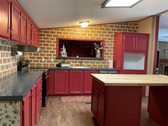 Interior, Kitchen, Stone Walls, Wood Texture Flooring