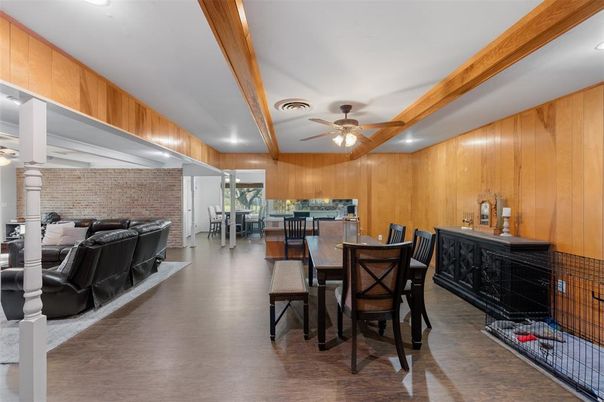 Dining room, Interior, Kitchen, Recessed Lighting, Stone Walls, Wooden Beams, Wood Texture Flooring, Wooden Walls