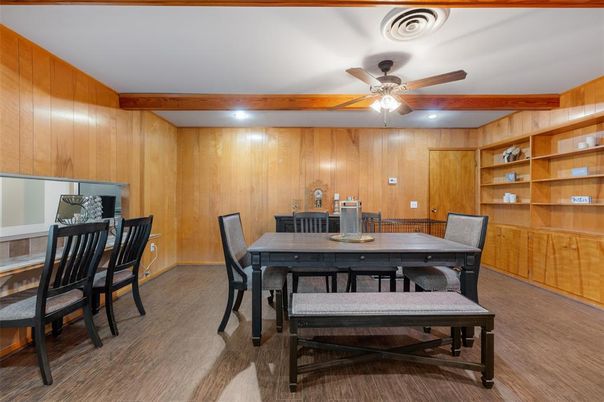Dining room, Interior, Recessed Lighting, Wood Texture Flooring, Wooden Walls