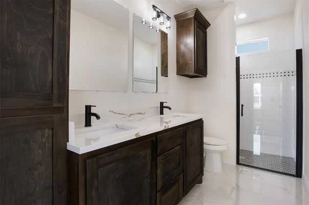 Bathroom, Dual Sink Vanities, Glass Shower, Interior, Recessed Lighting