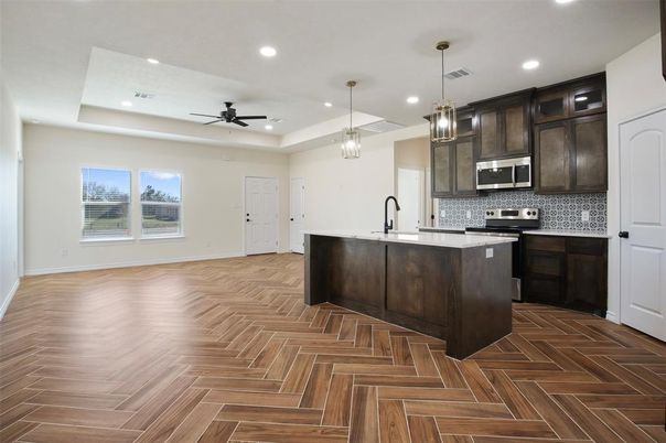 Interior, Kitchen, Pendant Lights, Recessed Lighting, Stainless Steel Appliances, Wood Texture Flooring