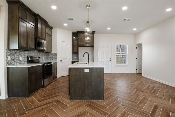 Interior, Kitchen, Pendant Lights, Recessed Lighting, Stainless Steel Appliances, Wood Texture Flooring