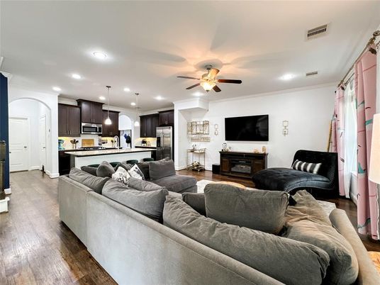 Interior, Kitchen, Living room, Pendant Lights, Recessed Lighting, Stainless Steel Appliances, Wood Texture Flooring