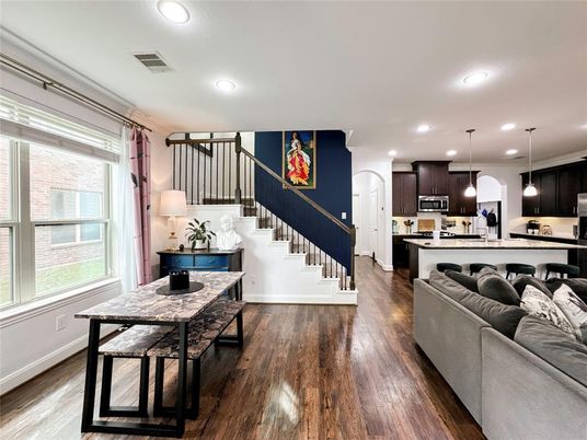 Interior, Kitchen, Living room, Pendant Lights, Recessed Lighting, Stainless Steel Appliances, Wood Texture Flooring