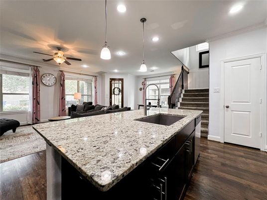 Interior, Kitchen, Living room, Pendant Lights, Recessed Lighting, Wood Texture Flooring