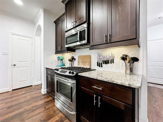 Interior, Kitchen, Recessed Lighting, Stainless Steel Appliances, Wood Texture Flooring