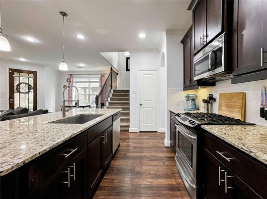 Interior, Kitchen, Pendant Lights, Recessed Lighting, Stainless Steel Appliances, Wood Texture Flooring