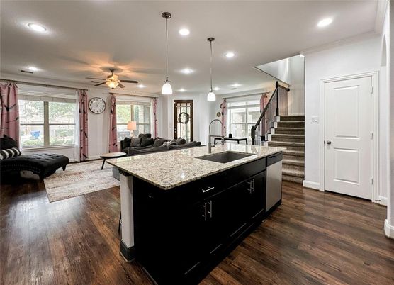 Interior, Kitchen, Living room, Pendant Lights, Recessed Lighting, Wood Texture Flooring