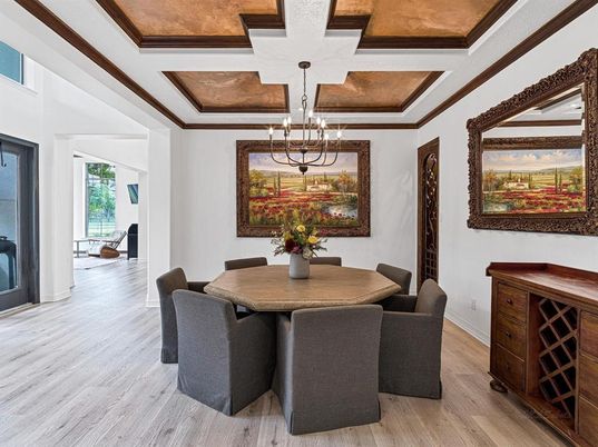 Chandelier, Dining room, Interior, Pendant Lights, Wooden Beams, Wood Texture Flooring