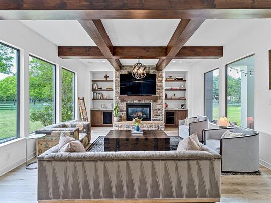Chandelier, Fireplace, Interior, Living room, Recessed Lighting, Wooden Beams, Wood Texture Flooring