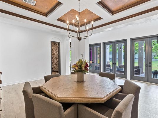 Chandelier, Dining room, Interior, Wood Texture Flooring