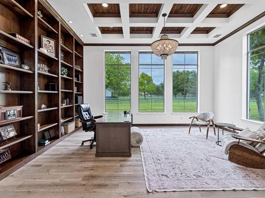 Chandelier, Home Office, Interior, Pendant Lights, Recessed Lighting, Wooden Ceilings, Wood Texture Flooring