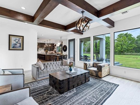 Interior, Kitchen, Living room, Pendant Lights, Recessed Lighting, Wooden Beams, Wood Texture Flooring