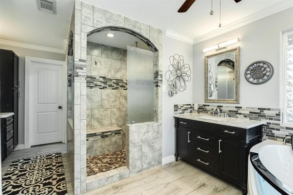 Bathroom, Dual Sink Vanities, Glass Shower, Interior, Recessed Lighting, Wood Texture Flooring