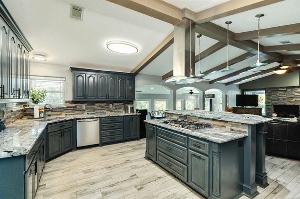 Interior, Kitchen, Pendant Lights, Stainless Steel Appliances, Stone Walls, Wooden Beams, Wood Texture Flooring