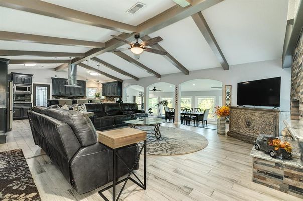 Dining room, Interior, Kitchen, Living room, Pendant Lights, Stainless Steel Appliances, Wooden Beams, Wood Texture Flooring