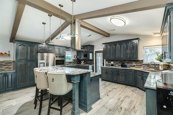 Interior, Kitchen, Pendant Lights, Stainless Steel Appliances, Wooden Beams, Wood Texture Flooring