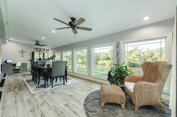 Dining room, Interior, Recessed Lighting, Wood Texture Flooring