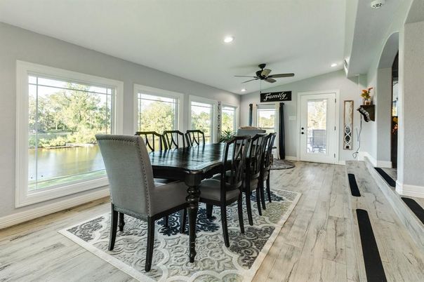 Dining room, Interior, Recessed Lighting, Water, Wood Texture Flooring