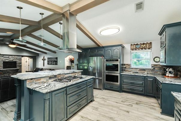 Interior, Kitchen, Pendant Lights, Stainless Steel Appliances, Stone Walls, Wooden Beams, Wood Texture Flooring