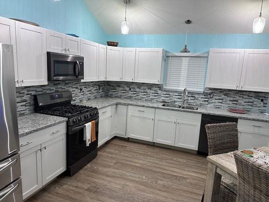 Interior, Kitchen, Pendant Lights, Stainless Steel Appliances, Wood Texture Flooring