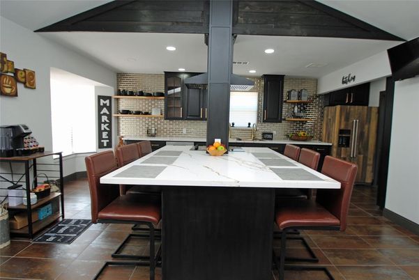 Dining room, Interior, Kitchen, Recessed Lighting, Stainless Steel Appliances, Stone Walls, Wooden Beams