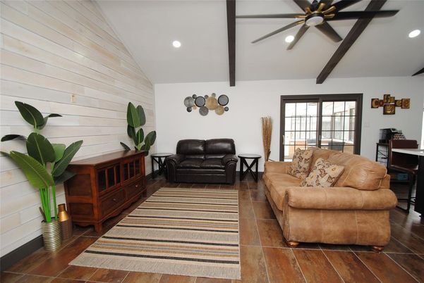 Interior, Living room, Recessed Lighting, Wooden Beams, Wood Texture Flooring