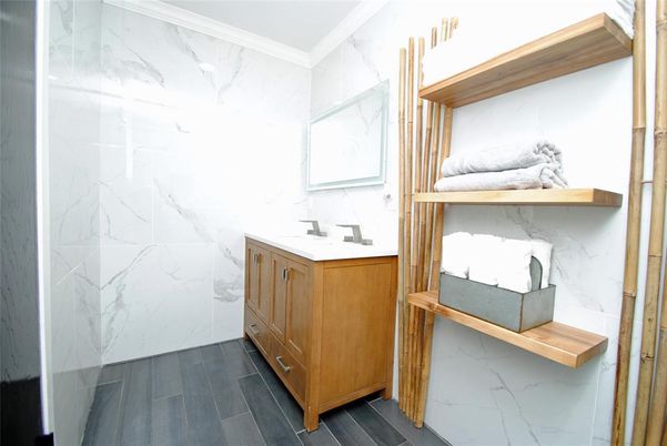 Bathroom, Interior, Marble Walls, Wood Texture Flooring