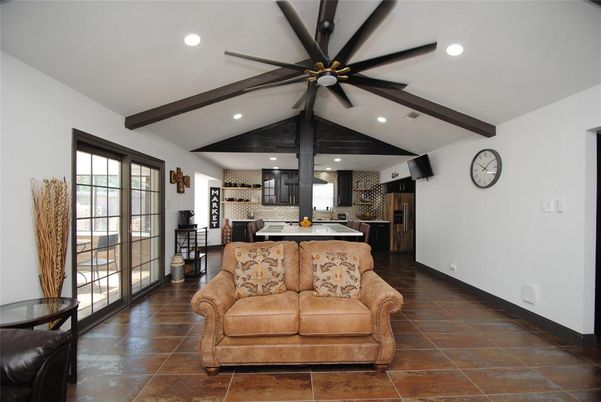 Interior, Kitchen, Living room, Recessed Lighting, Wooden Beams