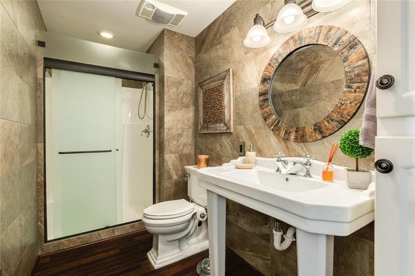 Bathroom, Glass Shower, Interior, Recessed Lighting, Wood Texture Flooring