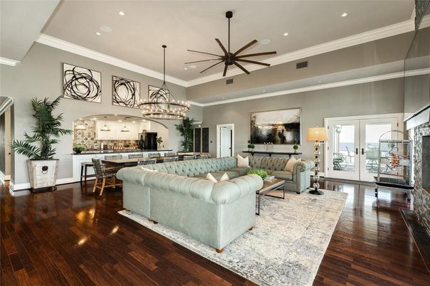 Chandelier, Dining room, Interior, Kitchen, Living room, Pendant Lights, Recessed Lighting, Wood Texture Flooring