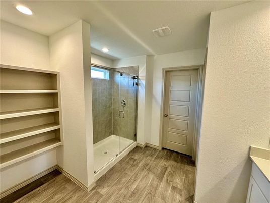 Bathroom, Glass Shower, Interior, Recessed Lighting, Wood Texture Flooring
