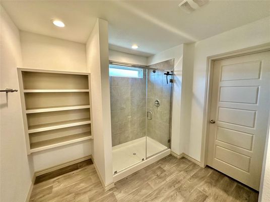 Bathroom, Glass Shower, Interior, Recessed Lighting, Wood Texture Flooring