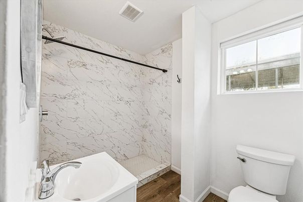 Bathroom, Interior, Marble Walls, Wood Texture Flooring