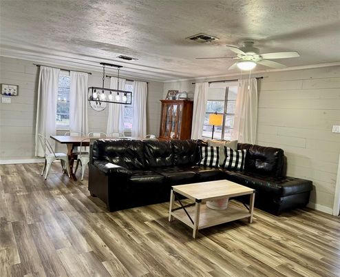 Dining room, Interior, Living room, Pendant Lights, Wood Texture Flooring