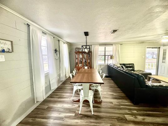 Dining room, Interior, Living room, Pendant Lights, Wood Texture Flooring