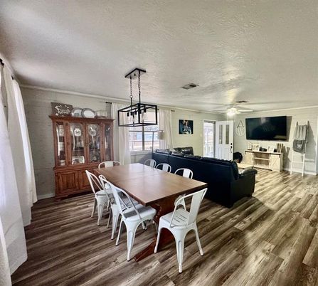 Dining room, Interior, Living room, Pendant Lights, Wood Texture Flooring