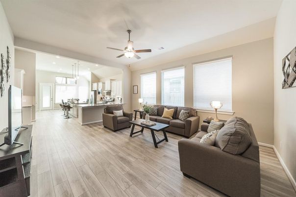 Interior, Kitchen, Living room, Pendant Lights, Recessed Lighting, Wood Texture Flooring