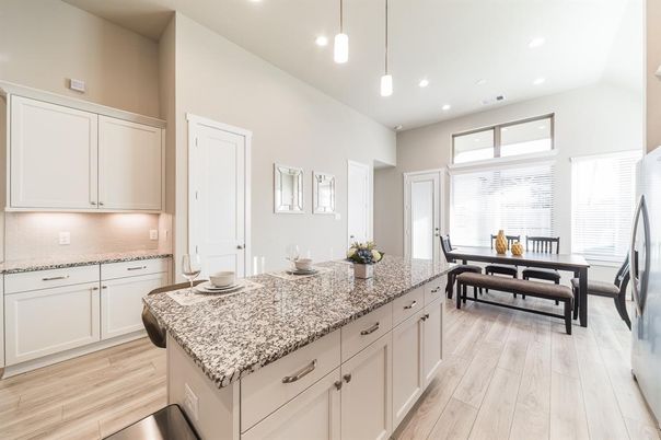 Dining room, Interior, Kitchen, Pendant Lights, Recessed Lighting, Wood Texture Flooring
