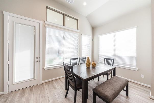 Dining room, Interior, Recessed Lighting, Wood Texture Flooring