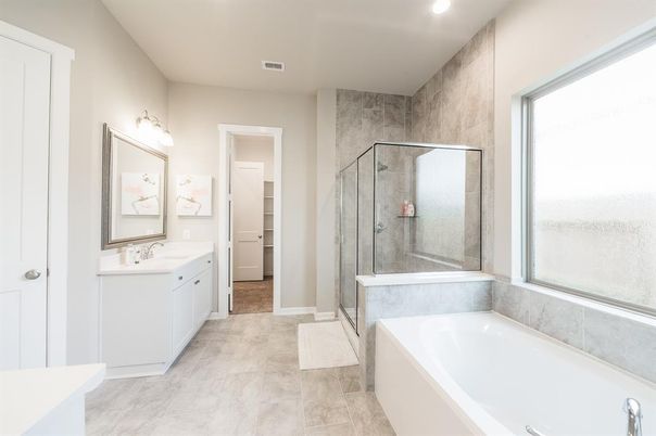 Bathroom, Dual Sink Vanities, Glass Shower, Interior, Recessed Lighting