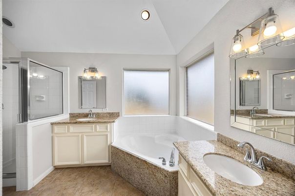 Bathroom, Dual Sink Vanities, Glass Shower, Interior, Recessed Lighting