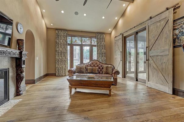 Fireplace, Interior, Recessed Lighting, Wood Texture Flooring