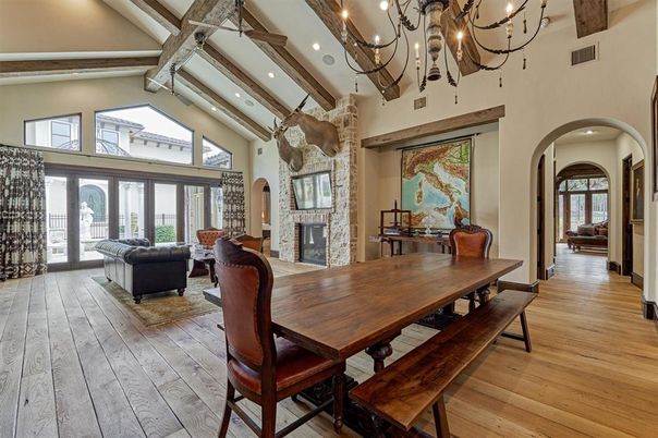 Chandelier, Dining room, Fireplace, Interior, Living room, Recessed Lighting, Wooden Beams, Wood Texture Flooring