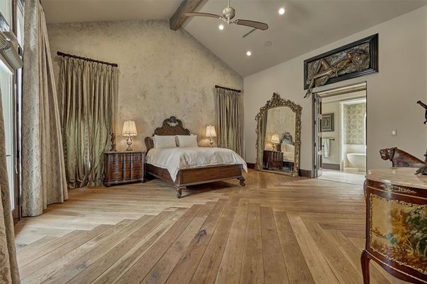 Bedroom, Interior, Recessed Lighting, Wooden Beams, Wood Texture Flooring