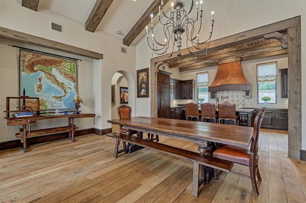 Chandelier, Dining room, Interior, Kitchen, Wooden Beams, Wood Texture Flooring