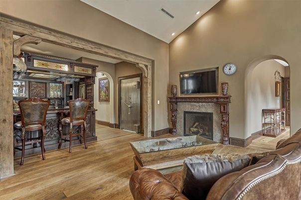 Fireplace, Interior, Living room, Recessed Lighting, Wood Texture Flooring