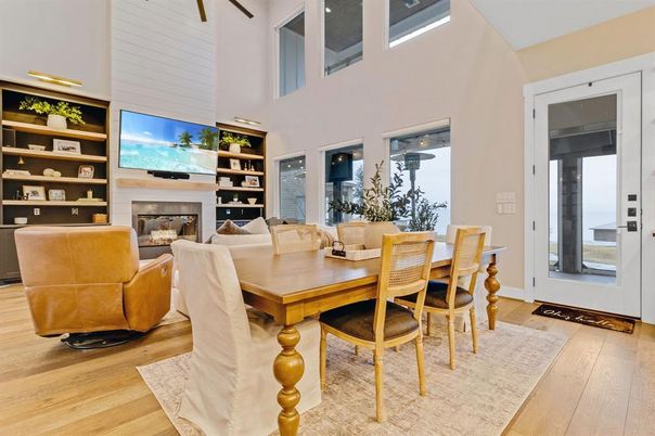 Dining room, Fireplace, Interior, Living room, Wood Texture Flooring